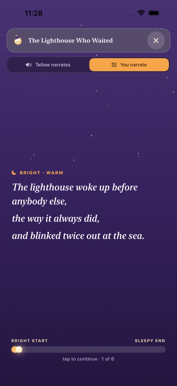 A Tellow story on screen, one page at a time in large warm type