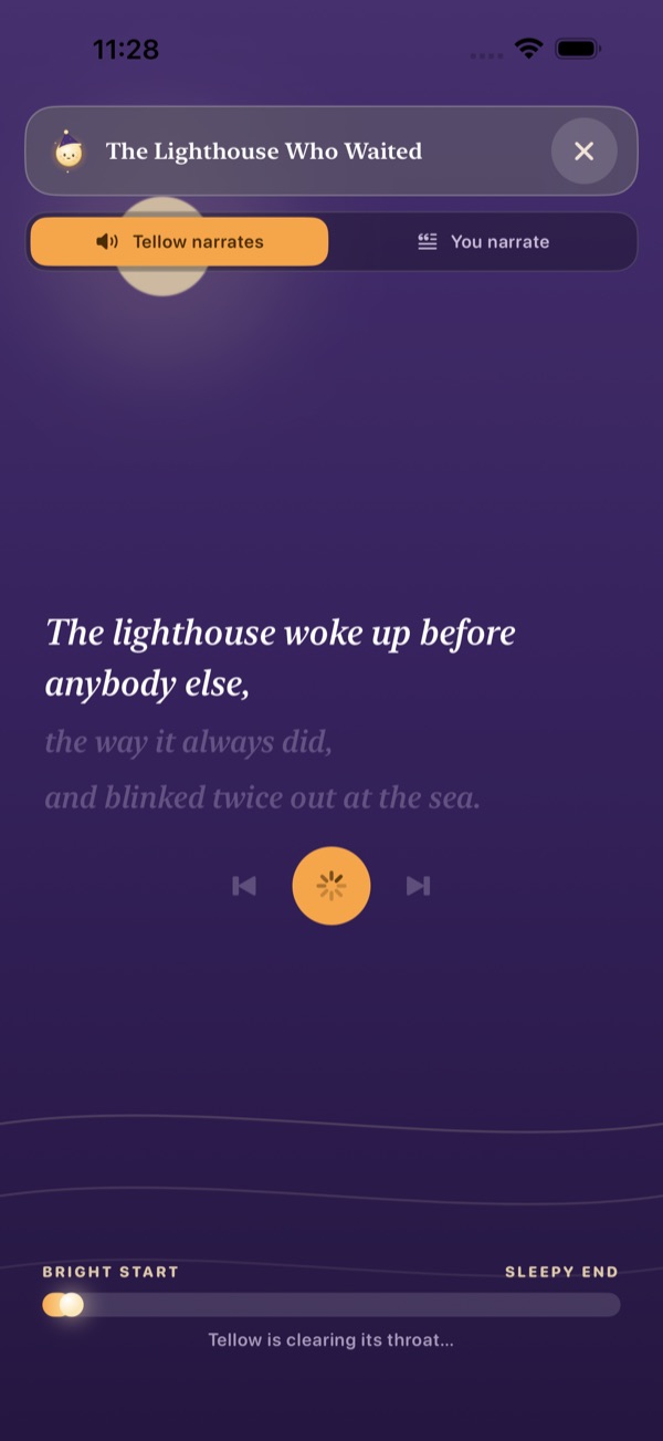 Tellow reading a story aloud, the scene dimming as it settles